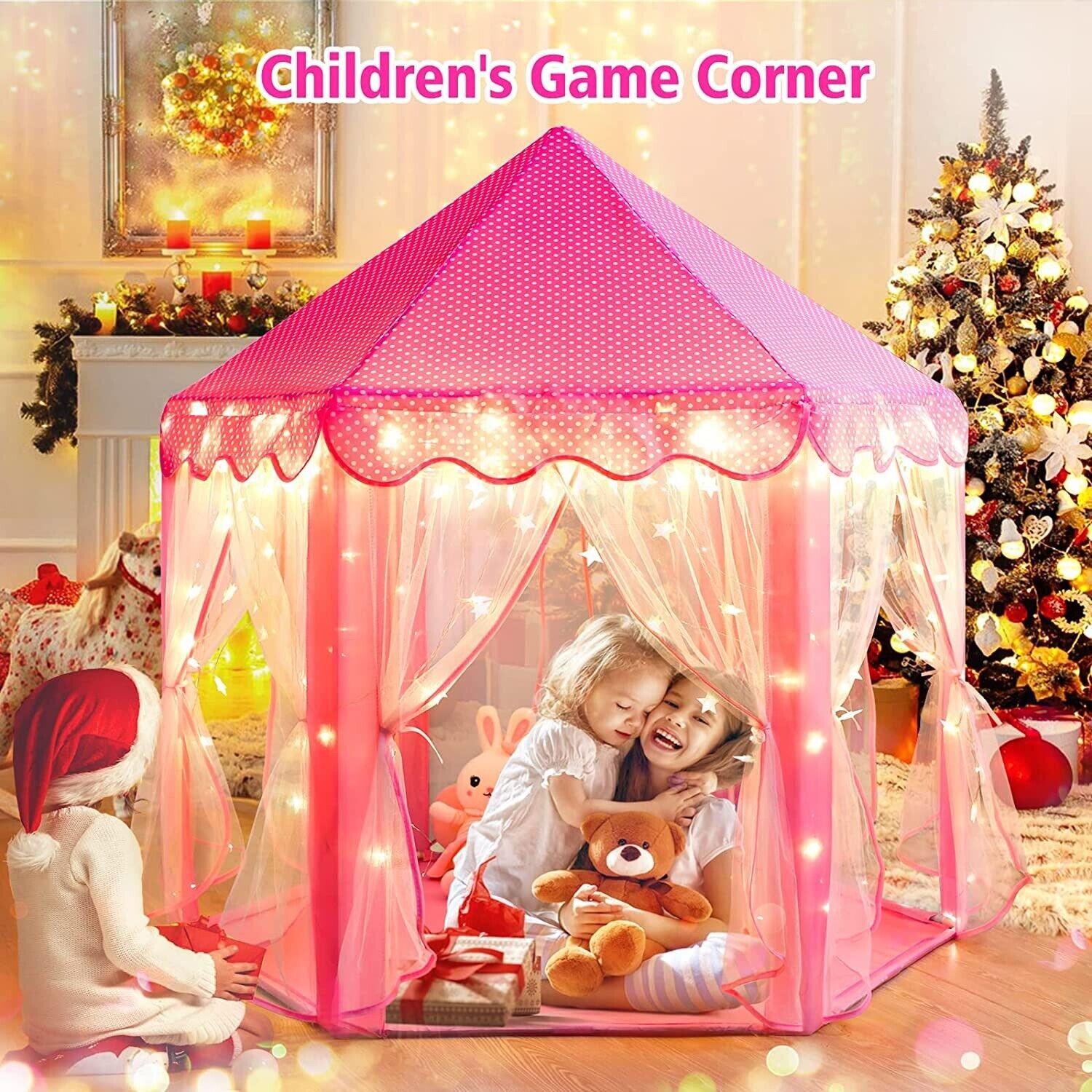 Large Playhouse Castle Play Tent with Star Lights Toy for Kids Girls Game (Pink)