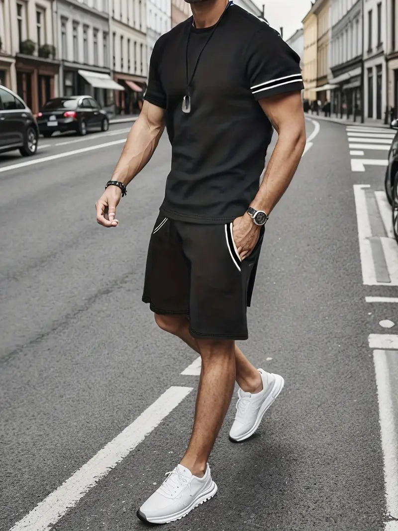 Men's Trendy Summer Striped T-Shirt Shorts Set, Oversized Casual Sports 2Pcs Outfits, Men's Clothing, Plus Size